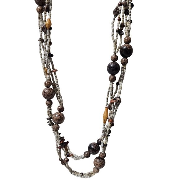 Boho Beaded Necklace Brown White Beads Multi Strand Retro Fashion Jewelry Women - Picture 1 of 5